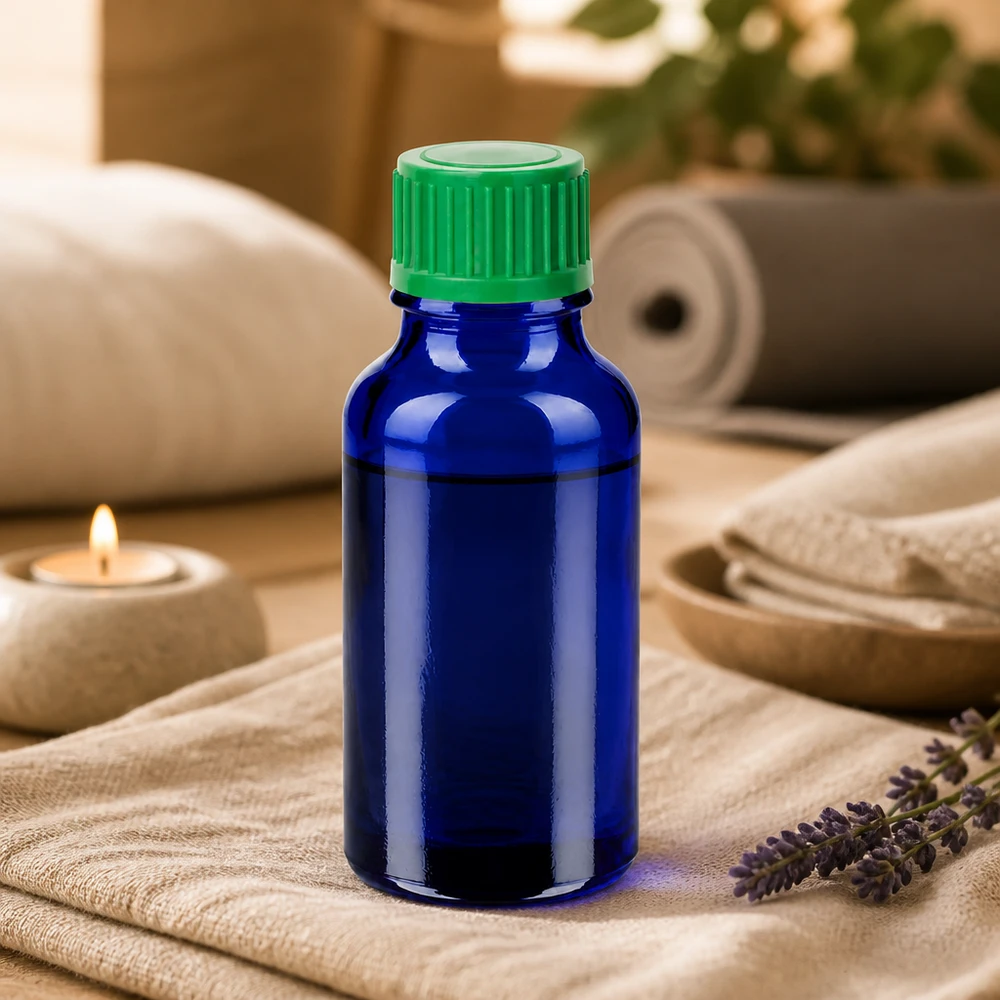 Butelka z kroplomierzem 20 ml 0,8 mm zielona STD BlueLine UT18/20 Wysokiej jakości szklana butelka 20 ml w kolorze niebieskim z zieloną zakrętką do bezpiecznego przechowywania płynów