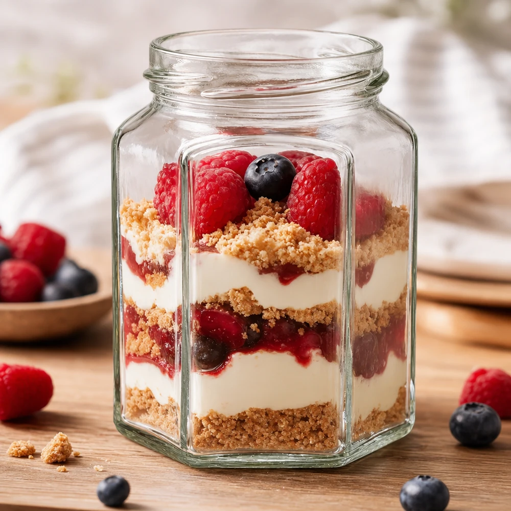 UNiTWIST Hexa288 - 6-komorowy słoik o pojemności 288 ml TO63 Sechseckiges Einmachglas 288ml mit Dessert-Schichtung aus Beeren und Creme - perfekt für Mason Jar Rezepte und Aufbewahr