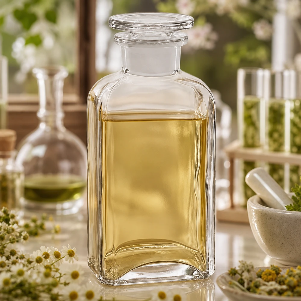 Przezroczysta butelka kwadratowa z szeroką szyjką o pojemności 250 ml, z płaskim szklanym korkiem, przeznaczona do olejków eterycznych i nalewek
