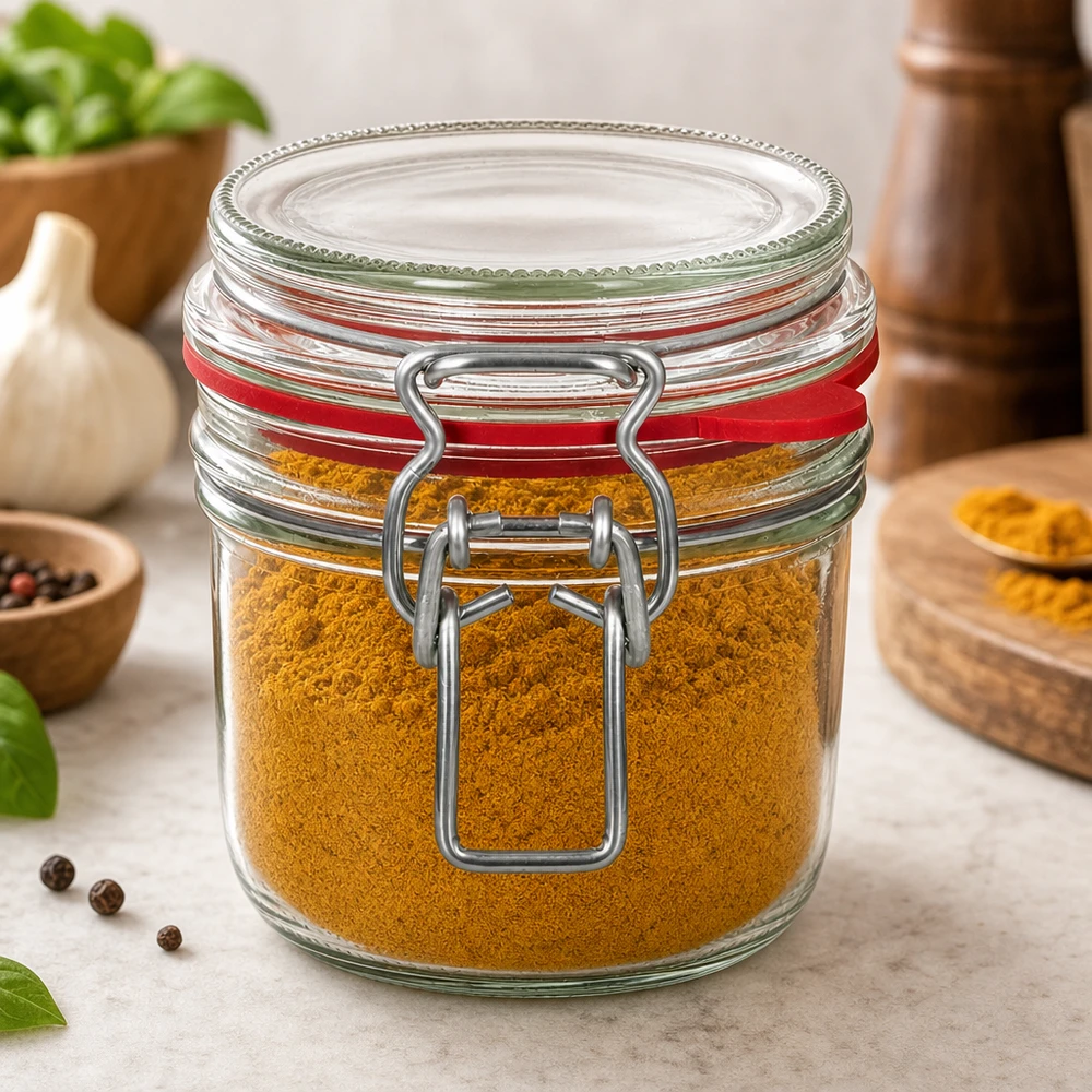 Słoik do przechowywania o pojemności 255 ml, typ G, z zamknięciem na zatrzask UN.. 255ml Bügelverschluss-Glas gefüllt mit Kurkuma-Gewürzpulver in moderner Küche mit Kräutern und Gewürzen