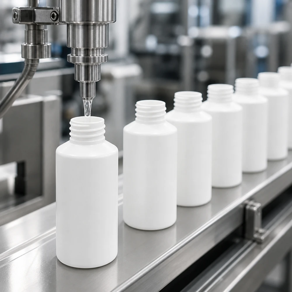 Butelka apteczna HDPE 50ml biała, bez zakrętki Automatyczna linia rozlewnicza napełnia białą butelkę apteczną z HDPE o pojemności 50 ml bez nakrętki