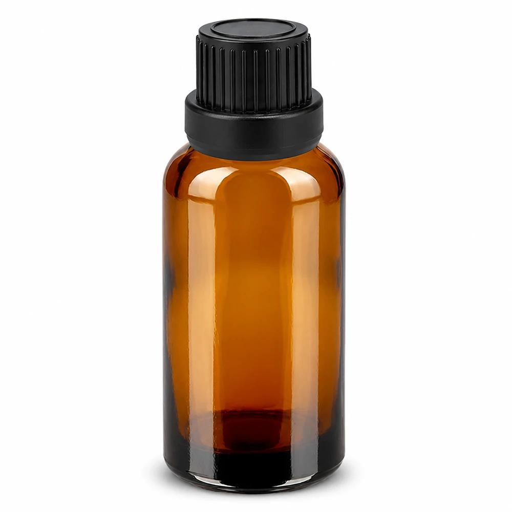 30 ml butelka z zakraplaczem 2 mm czarna OV BrownLine UT18/30 Butelka z bursztynowego szkła o pojemności 30 ml z czarnym zakraplaczem i otworem 2 mm na olejki eteryczne