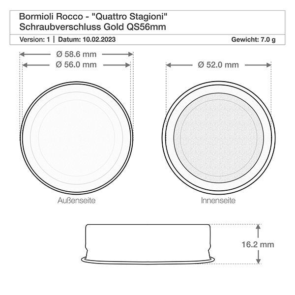 Butelka szklana 1000 ml „Quattro Stagioni” z pokrywką Rysunek techniczny Bormioli Rocco Quattro Stagioni zakrętka złota QS56mm z wymiarami i wagą