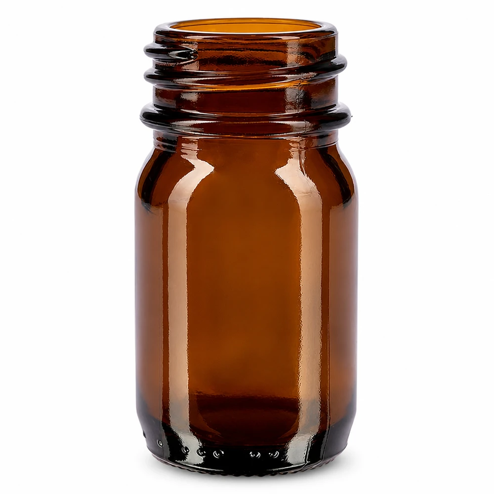 Butelka z szeroką szyjką o pojemności 30 ml wykonana z bursztynowego szkła dla aptek i laboratoriów
