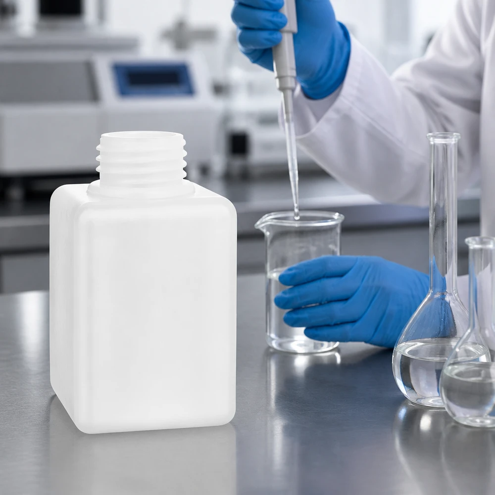 Butelka na chemikalia 100ml, wąska szyjka wykonana z PE-HD, kolor naturalny, GL 25 Biała plastikowa butelka z wąską szyjką o pojemności 100 ml, wykonana z PE-HD, z gwintem GL 25, obok zlewki i kolby Erlenmeyera