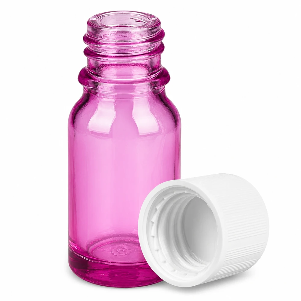 Mała fioletowa szklana butelka 10 ml z otworem 11 mm i białą nakrętką do aromaterapii