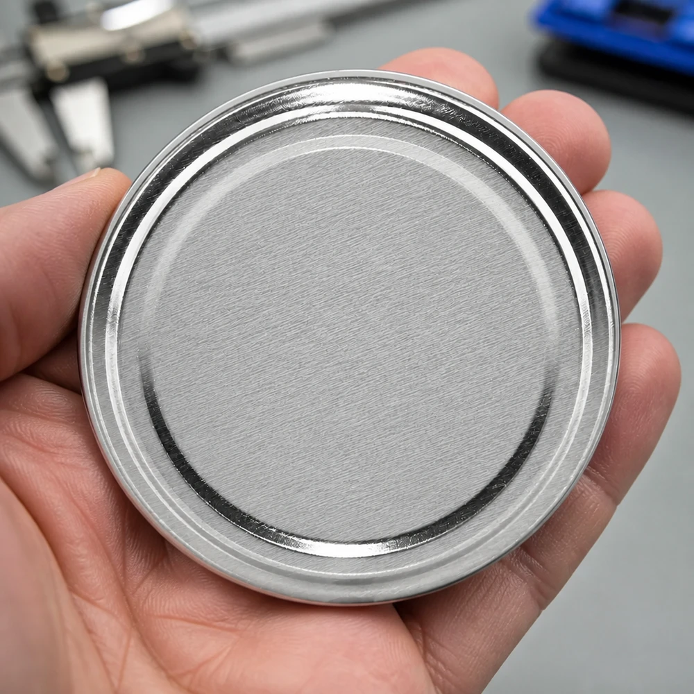 Ręka trzymająca okrągłą srebrną pokrywkę TO58 o średnicy 58 mm, model BasicSeal UniTwist – zbliżenie