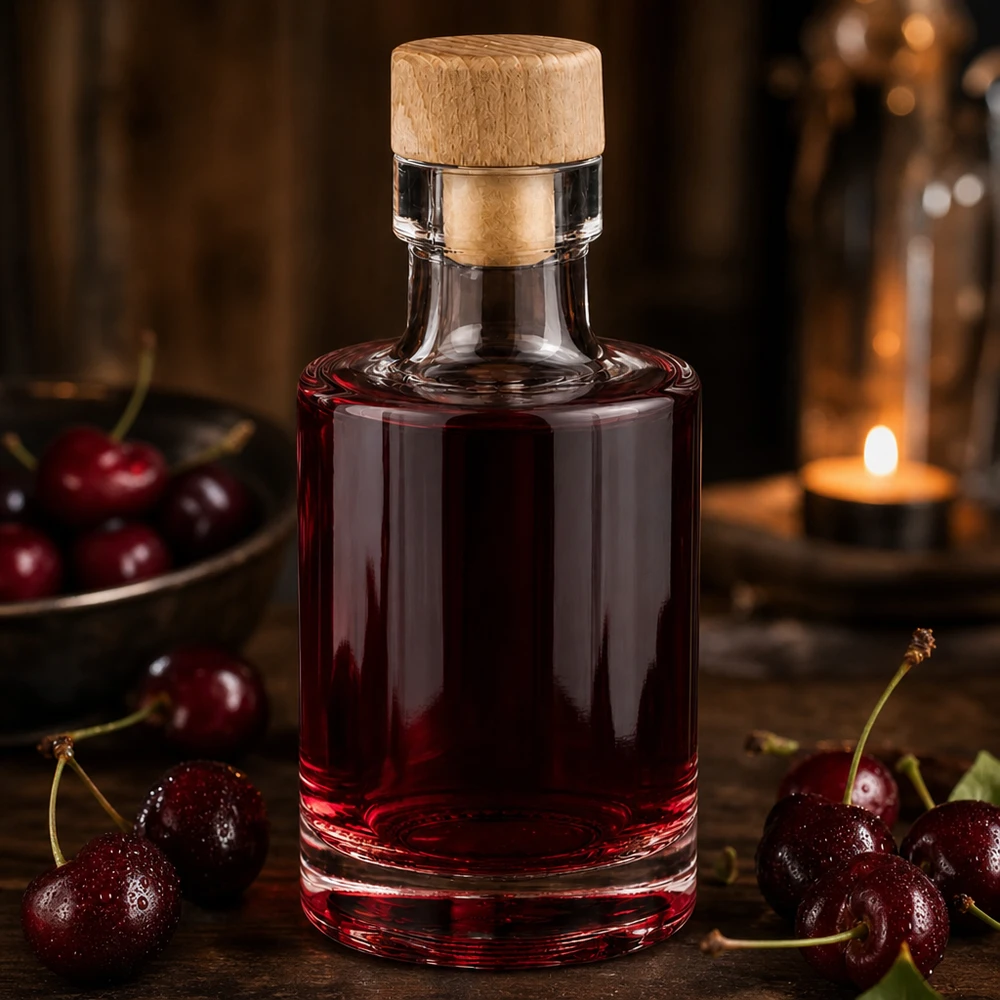 Butelka szklana 100 ml Marie z drewnianym korkiem UNiTWIST® 100ml Glasflasche Marie mit Holzkorken gefüllt mit Kirschlikör umgeben von frischen Kirschen bei warmem Kerzenlicht
