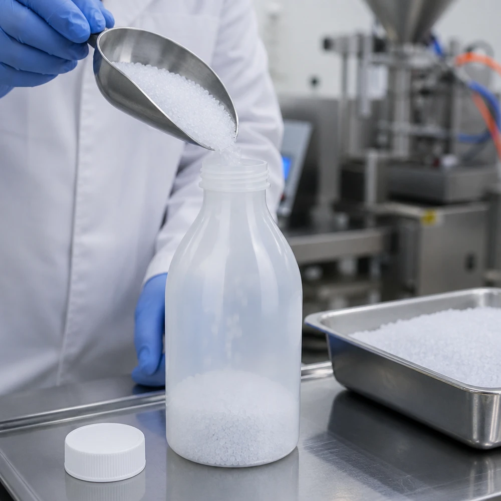 Laborant napełnia biały granulat metalową łopatką do butelki z wąską szyjką i zakrętką o pojemności 250 ml