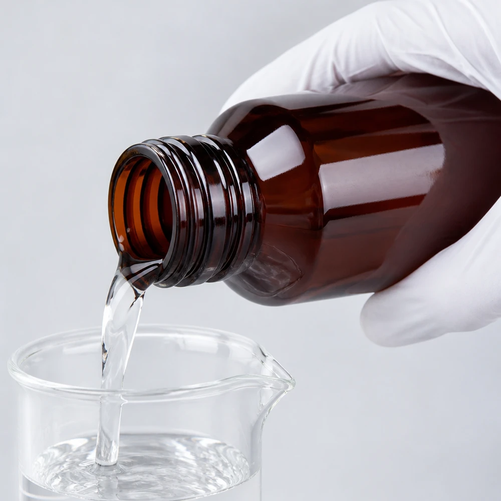 Butelka PET 50ml PP28 bez zakrętki Ręka w rękawiczce wlewa przezroczysty płyn z brązowej butelki PET o pojemności 50 ml (PP28) do zlewki szklanej
