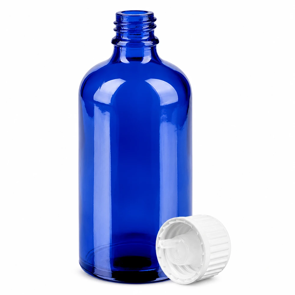 Butelka z niebieskiego szkła 100ml z kroplomierzem 0.9mm biała do dozowania STD BlueLine UT18