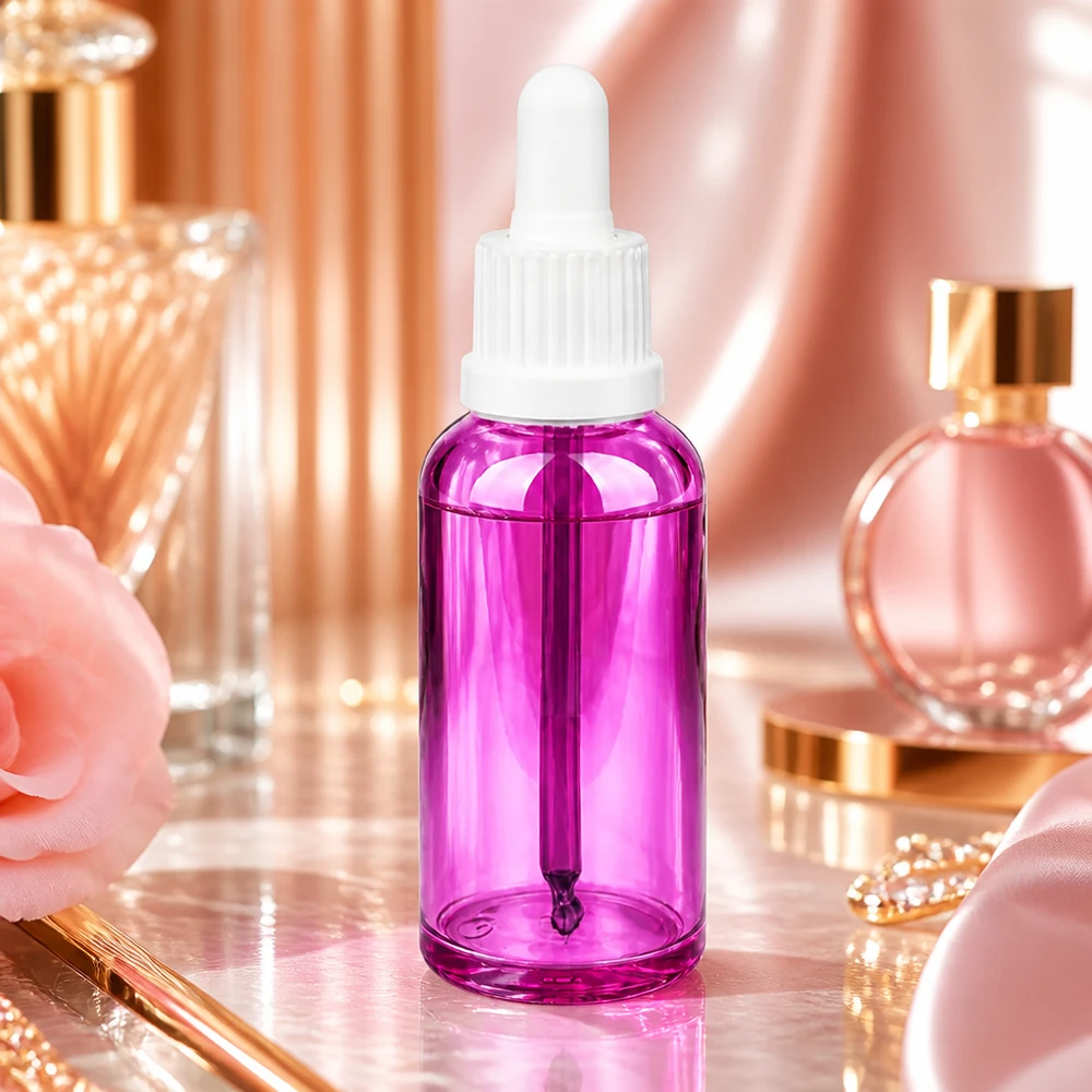Elegancka butelka z pipetą o pojemności 50 ml w jasnofioletowym kolorze do stylowego przechowywania serum i olejków.