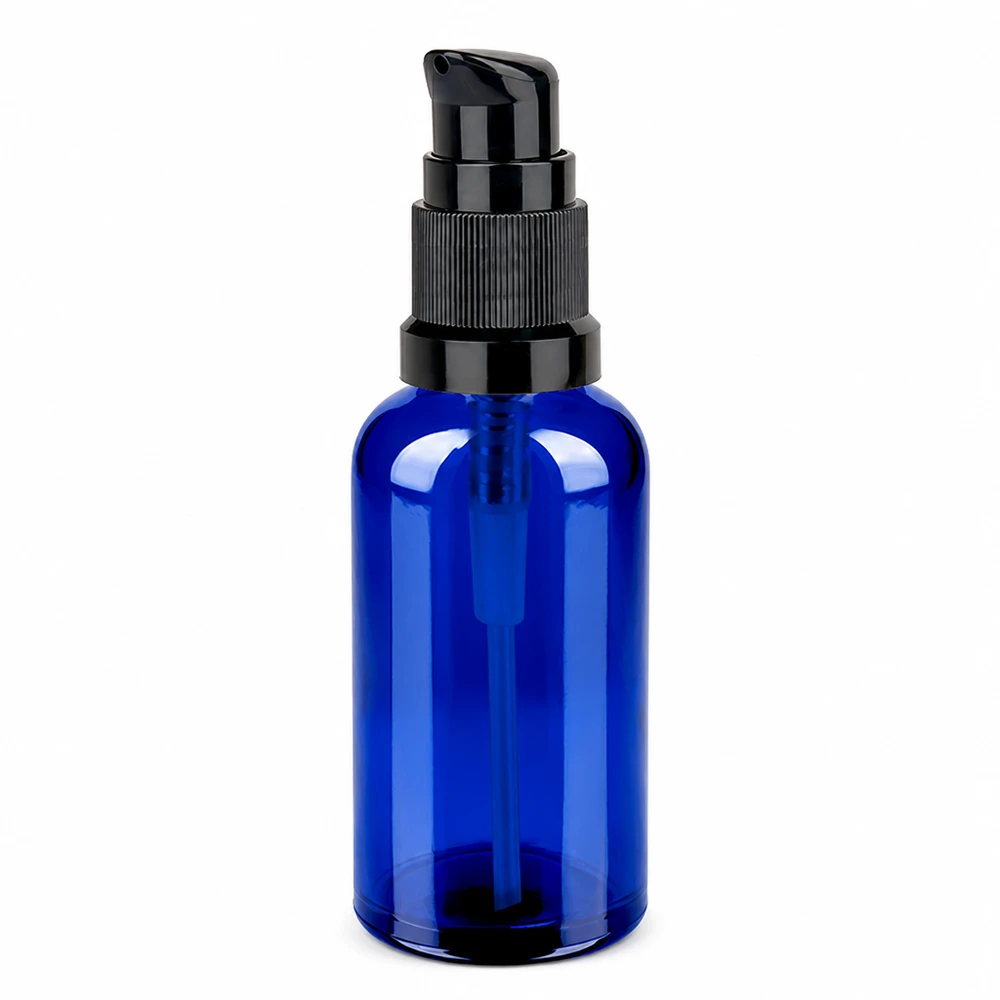 50 ml butelka z pompką czarna STD BlueLine UT18/50 Niebieska szklana butelka 50 ml z dozownikiem w kolorze czarnym do kosmetyków i pielęgnacji skóry STD BlueLine UT18/50