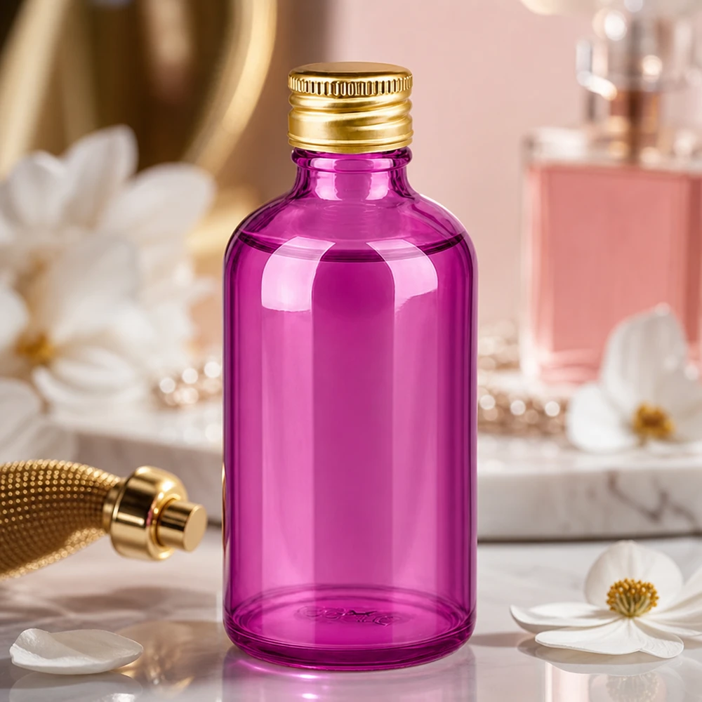 Wysokiej jakości szklana butelka 100 ml w kolorze fioletowym z elegancką złotą nakrętką do zastosowań aromaterapeutycznych