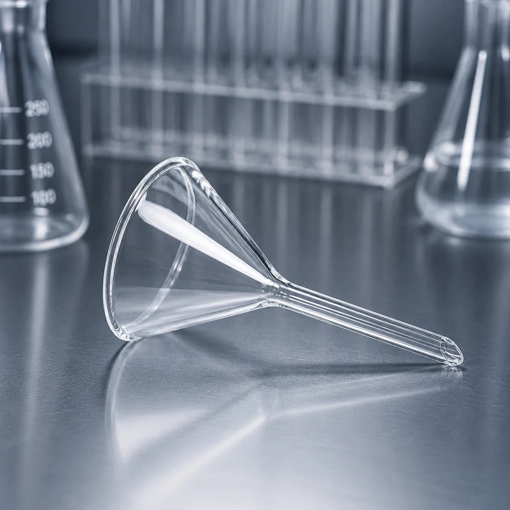 Lejek Ø 45 mm borokrzemianowy kątowy 60 krótki styl Lejek wykonany z żaroodpornego szkła borokrzemowego o średnicy 45 mm do bezpiecznej dekantacji laboratoryjnej