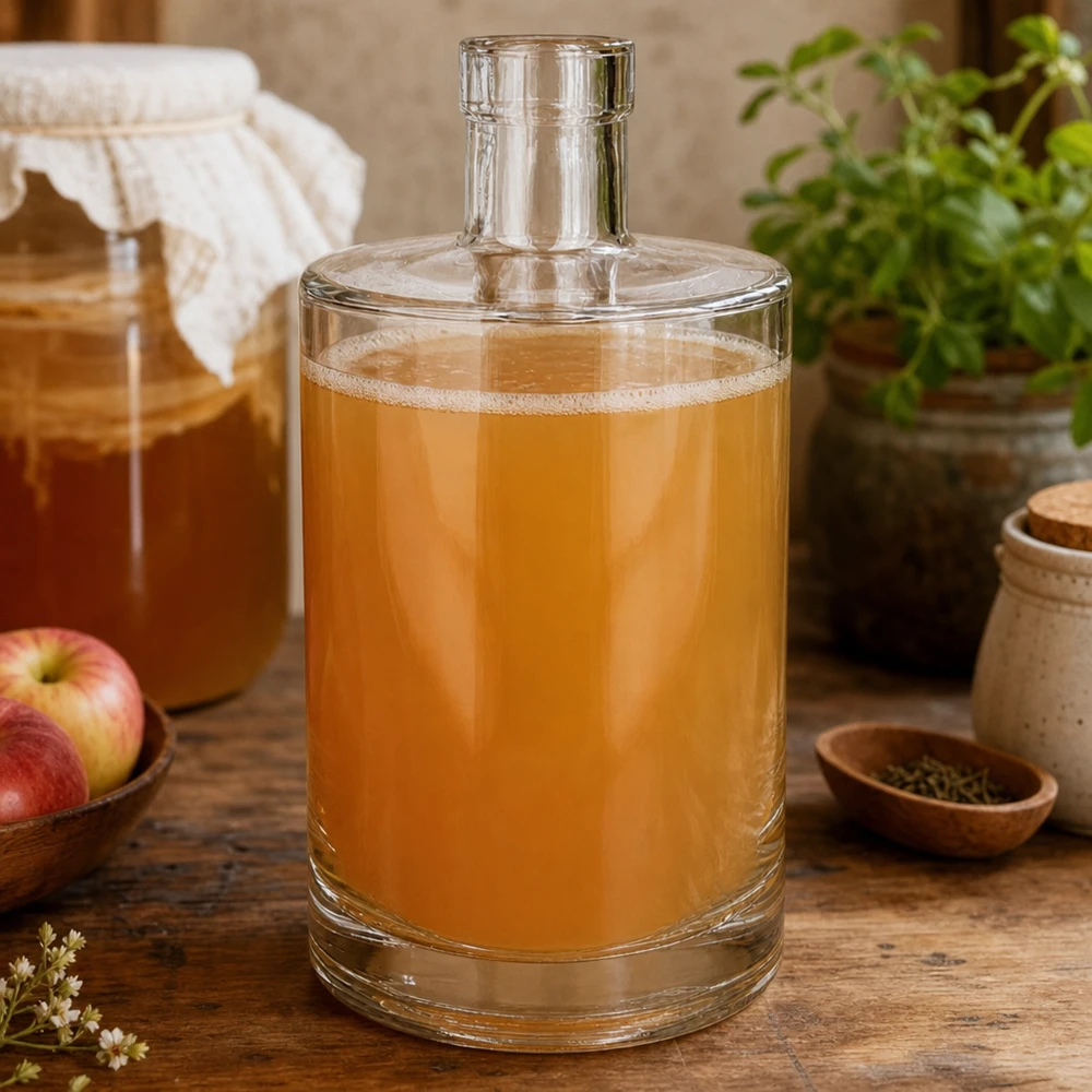 Szklana butelka Marie 700 ml bez zamknięcia UNiTWIST® 700ml Glasflasche Marie mit goldener Flüssigkeit befüllt in rustikaler Küche neben Äpfeln und Gewürzen dekoriert