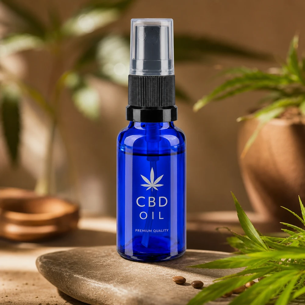 Buteleczka o pojemności 20 ml z niebieskiego szkła aptecznego z pompką rozpylającą do olejku CBD i kosmetyków naturalnych