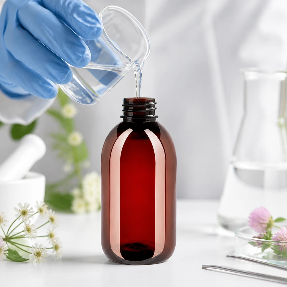 Butelka PET 250 ml z białą nakrętką typu flip-top. Laborant, mając na rękach niebieskie rękawiczki ochronne, napełnia bursztynową butelkę PET o pojemności 250 ml przezroczystym płynem