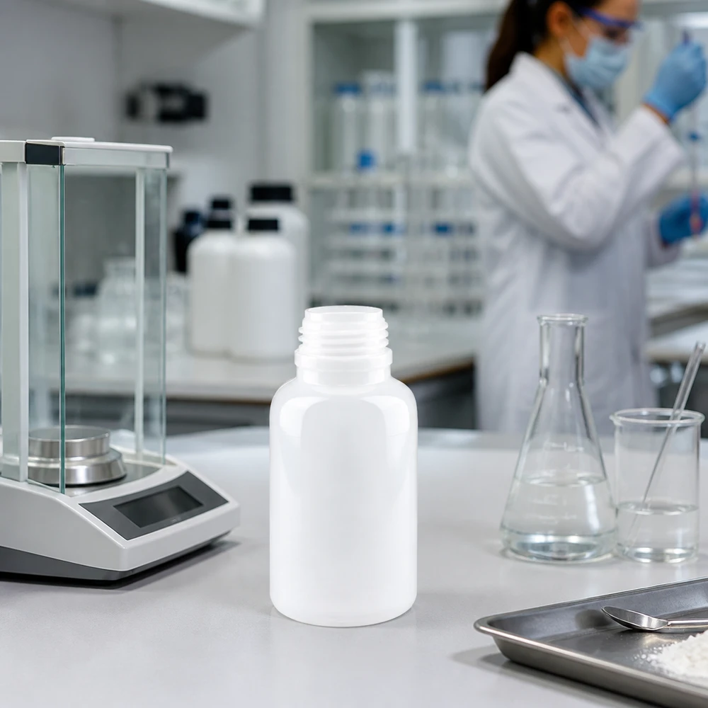 Okrągła butelka laboratoryjna o pojemności 250 ml z szeroką szyjką, bez zamknięcia, obok wagi analitycznej w laboratorium badawczym