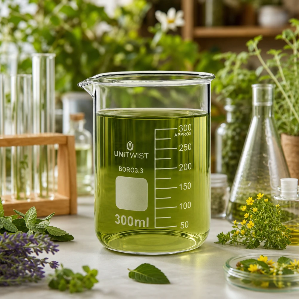 Szklanka o pojemności 300 ml UNiTWIST z zielonym ekstraktem ziołowym, otoczona świeżymi ziołami leczniczymi w laboratorium