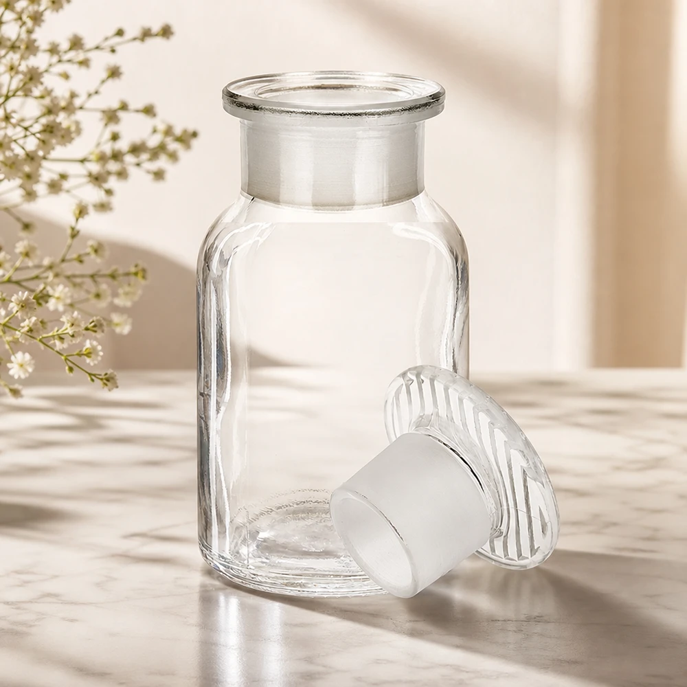 Okrągła butelka na ramię 100 ml, przezroczysta, szklana zatyczka z szeroką szyjką Butelka z zaokrąglonymi ramionami, 100 ml, z szeroką szyjką i matowym, przezroczystym korkiem szklanym, przeznaczona do próbek laboratoryjnych
