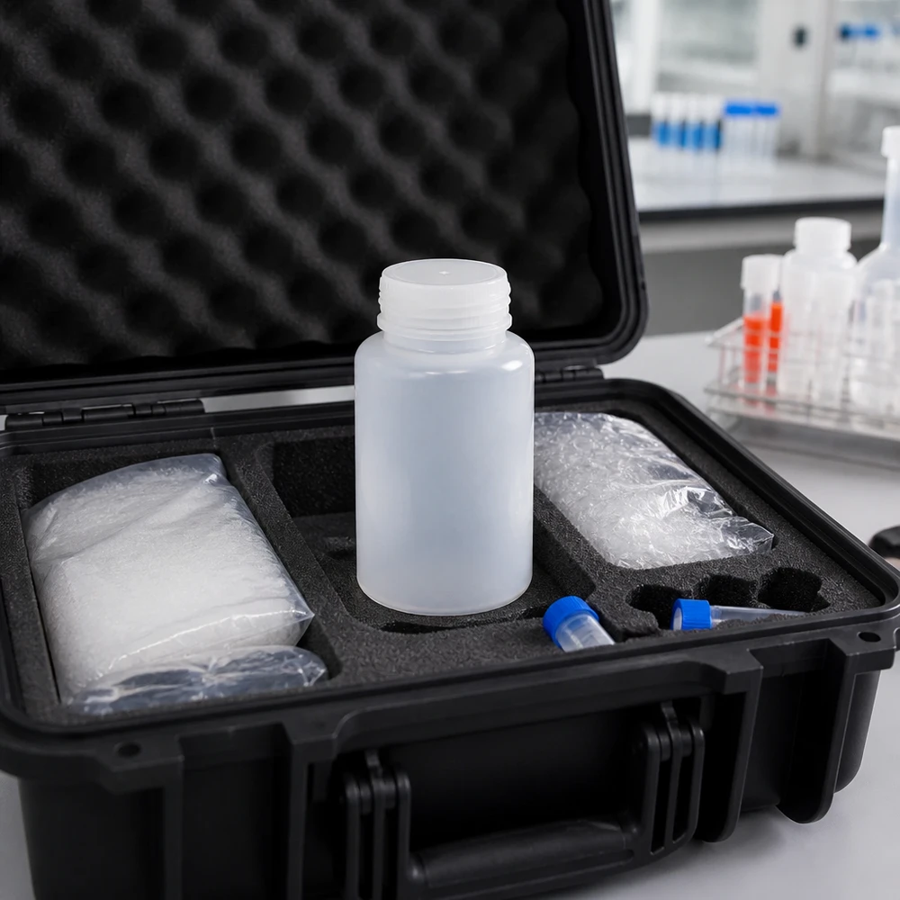 Butelka laboratoryjna 1000 ml z szeroką szyjką bez zakrętki Butelka laboratoryjna o szerokiej szyjce o pojemności 1000 ml bez zamknięcia, w czarnej walizce transportowej z wkładką z pianki