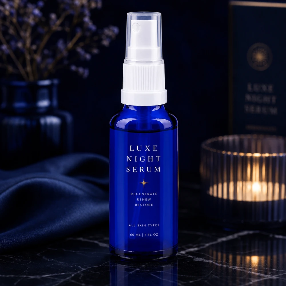 Butelka apteczna niebieska 30ml spray top biały Niebieska szklana butelka apteczna z atomizerem o pojemności 60 ml z białą głowicą pompującą, służąca jako opakowanie na serum na noc, na tle marmuru