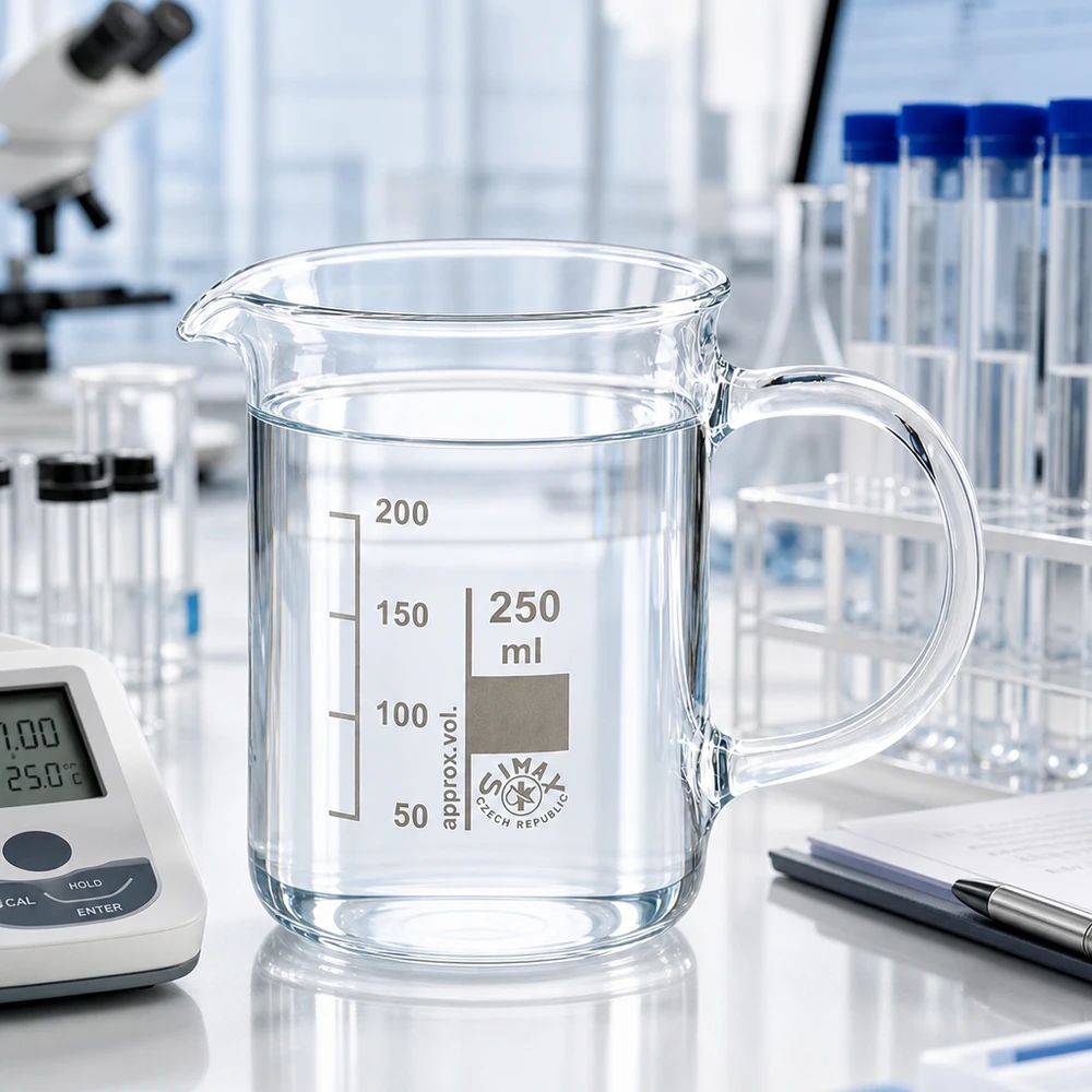 Szklanka o pojemności 250 ml ze szkła borokrzemowego z uchwytem, zawierająca czystą wodę, stojąca na białym stole laboratoryjnym obok mikroskopu