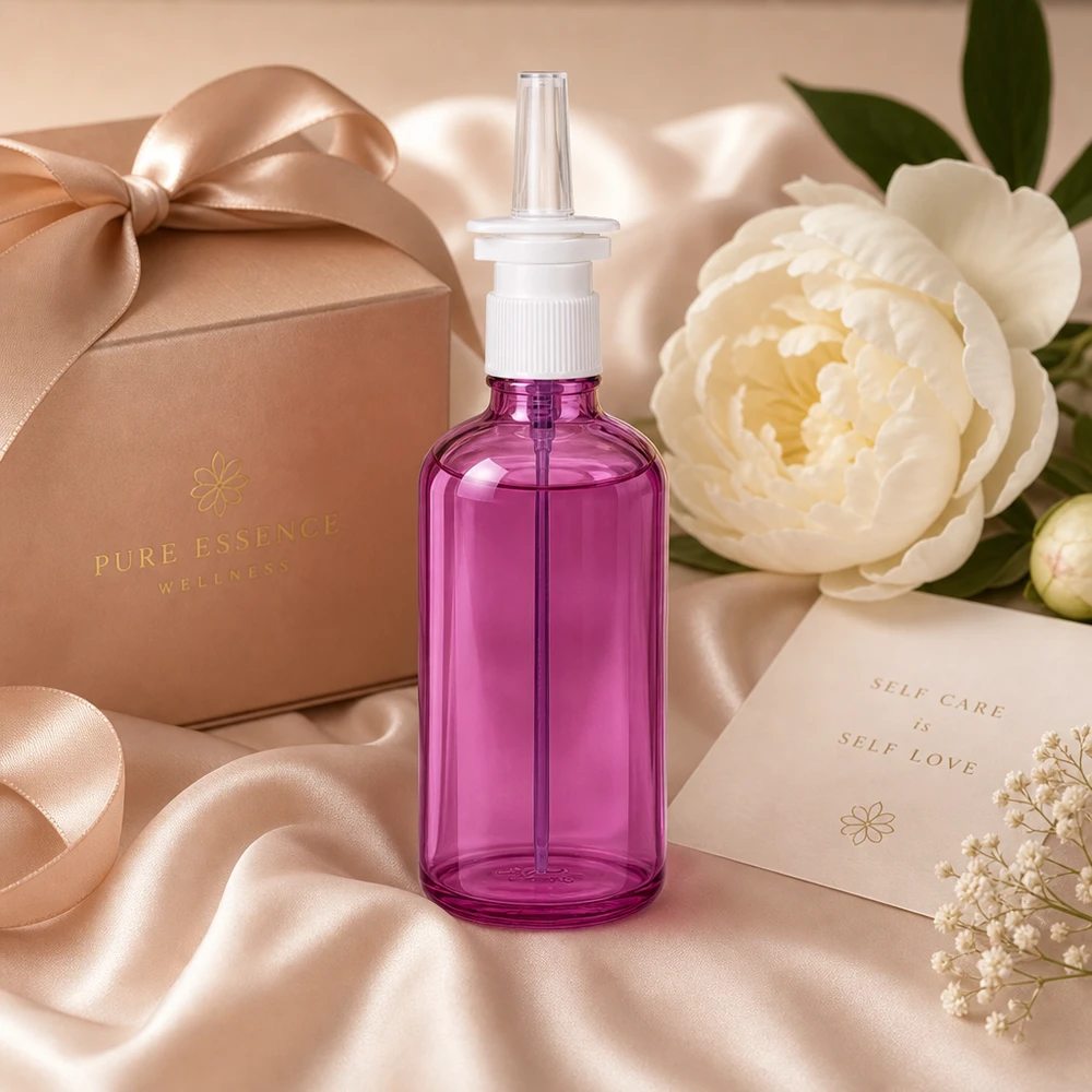 Butelka z rozpylaczem do nosa 100 ml biała/przezroczysta standardowa PurpleLine UT18/100 Elegancka butelka z aerozolem do nosa o pojemności 100 ml w kolorze jasnofioletowym o ergonomicznym kształcie ułatwiającym obsługę.