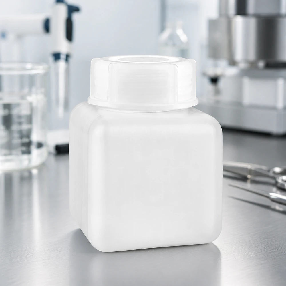 Butelka na chemikalia z PE-HD o pojemności 500 ml, z szeroką szyjką, w kolorze naturalnym, na stole laboratoryjnym ze stali nierdzewnej wraz z przyrządami laboratoryjnymi