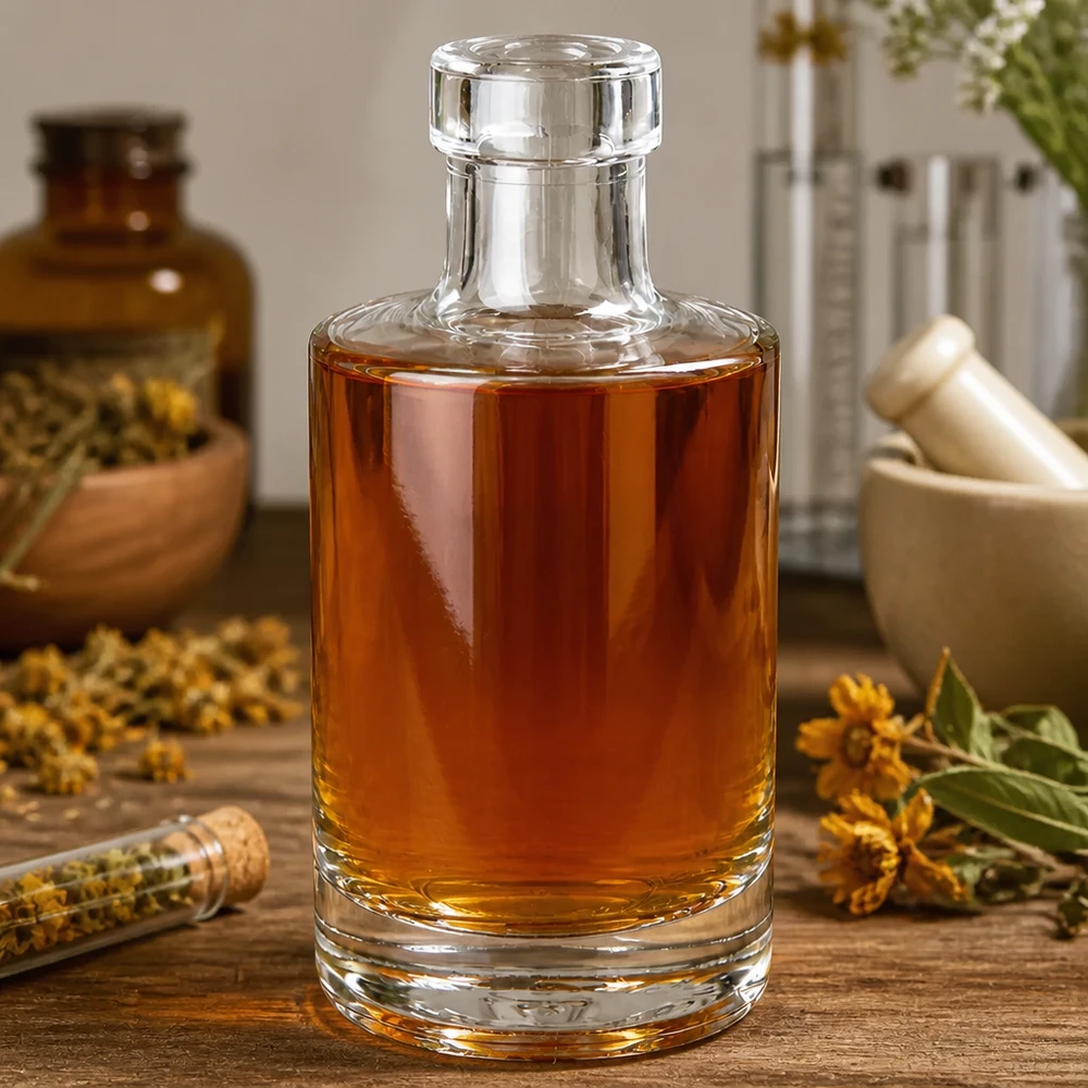 200 ml szklana butelka Marie wypełniona olejem w kolorze bursztynu w stylu aptekarskim z suszonymi ziołami leczniczymi o naturalnym aromacie