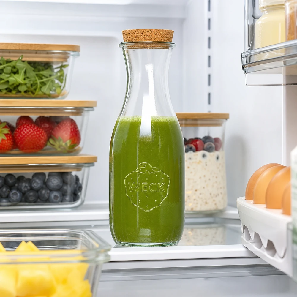 Butelka na sok 1062ml WECK RR60 z korkiem naturalna Butelka na sok WECK 1062 ml z zielonym smoothie w lodówce między pojemnikami na świeżą żywność i pojemnikami do przechowywania