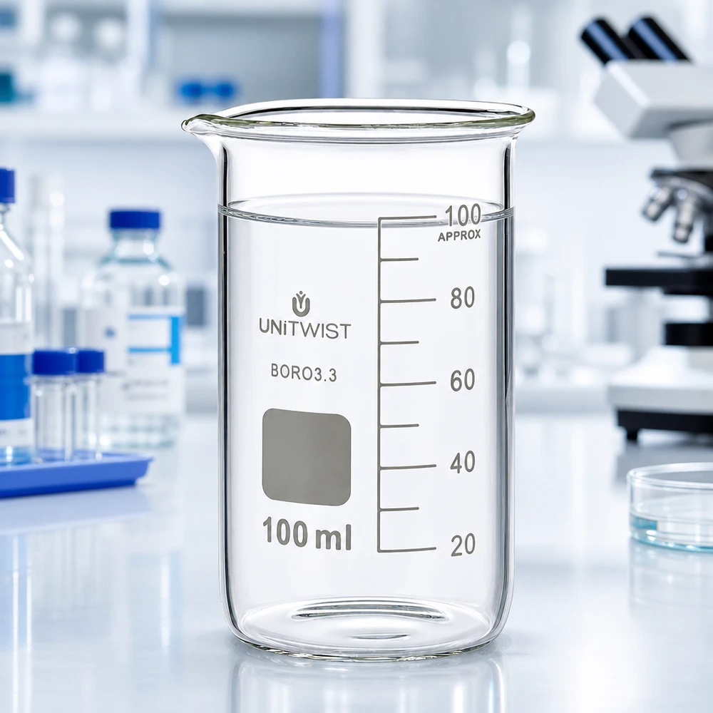 Zlewka 100ml borokrzemianowa, wysoka UNITWIST Szklanka UNITWIST o pojemności 100 ml, wysoka, z borokrzemianu 3.3, z czystą wodą na białym stole laboratoryjnym