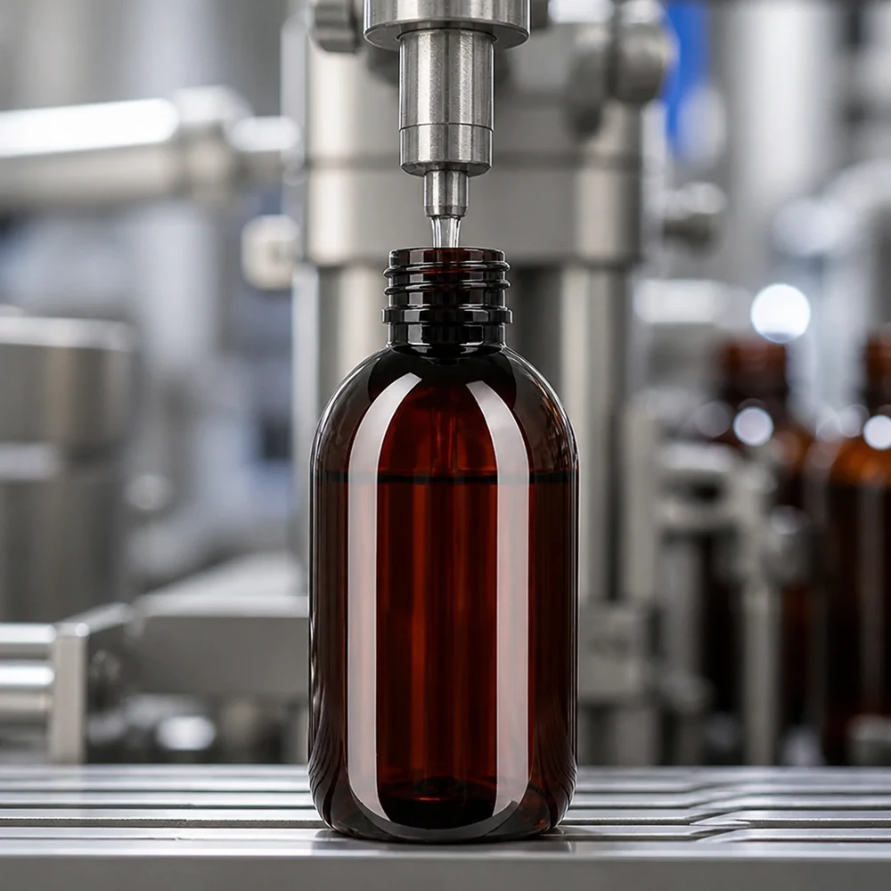 Przemysłowe napełnianie brązowej butelki PET o pojemności 250 ml (typ PP28) na taśmie przenośnikowej w zakładzie farmaceutycznym
