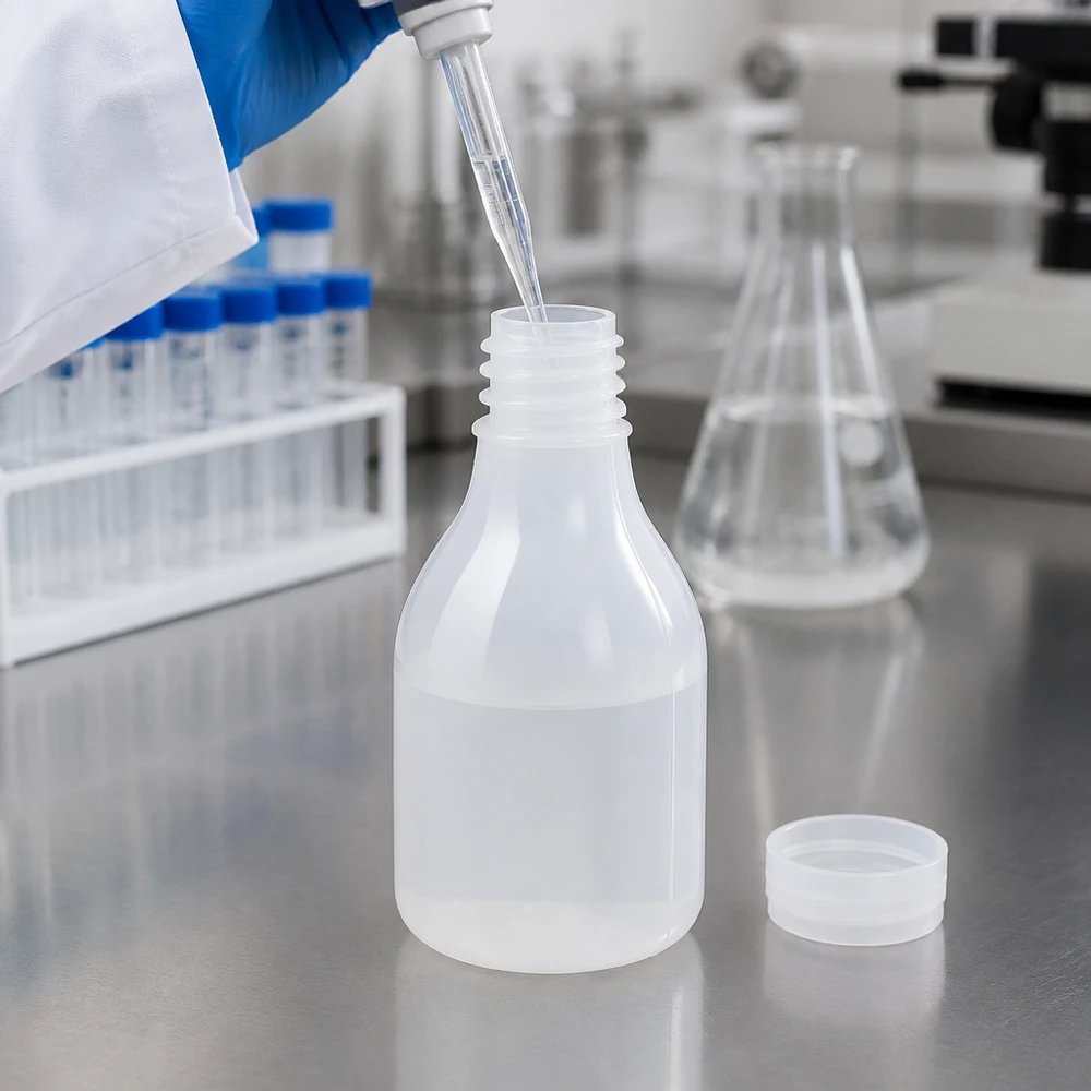 Butelka laboratoryjna o wąskiej szyjce o pojemności 30 ml bez nakrętki podczas napełniania pipetą mikrolitrową w laboratorium