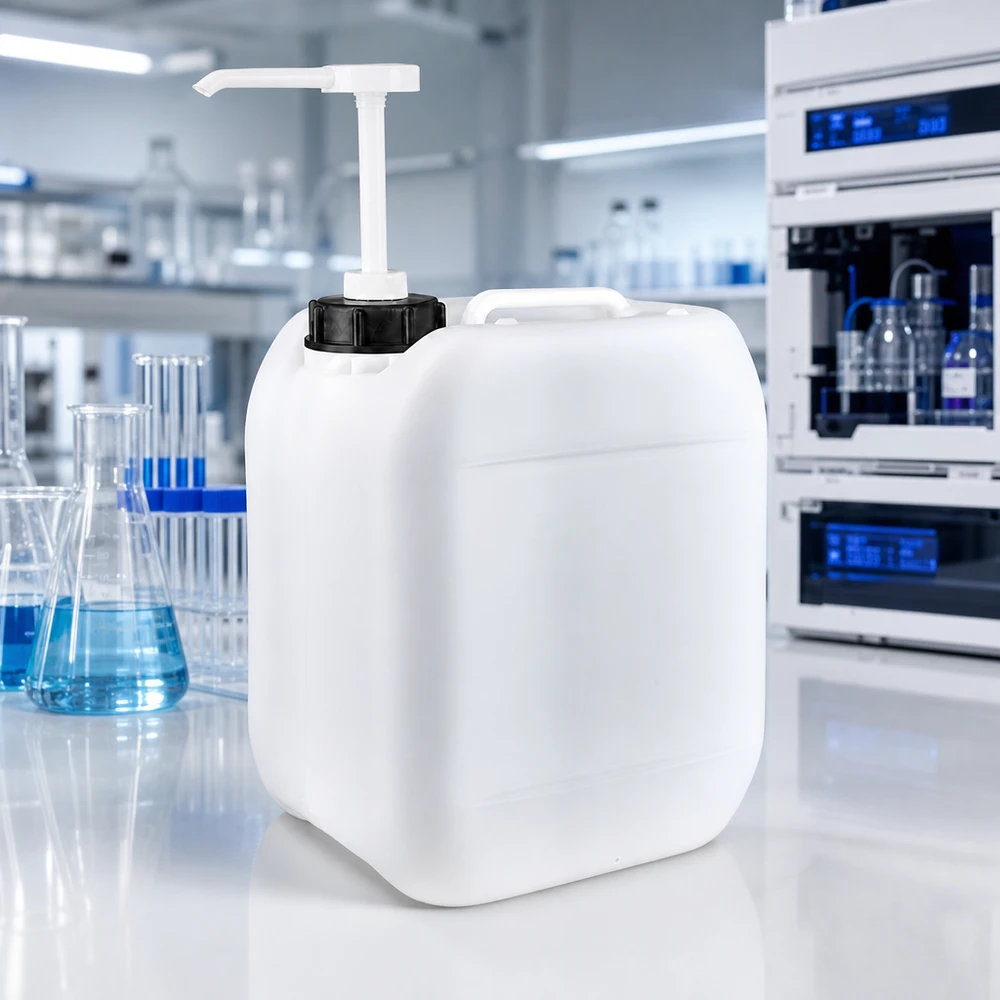 Prostokątny kanister z HDPE o pojemności 5 l z pompką dozującą w nowoczesnym laboratorium z kolbą Erlenmeyera