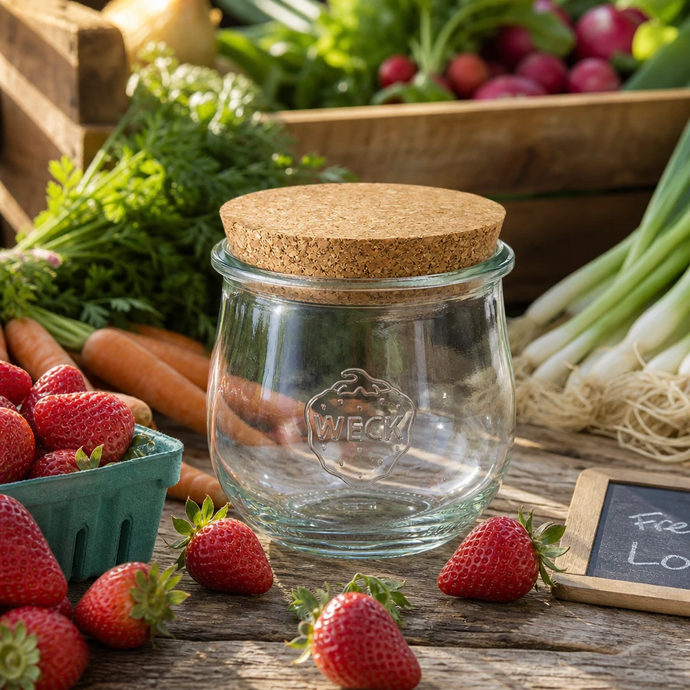 Słoik tulipan 370ml WECK RR80 z korkiem naturalny Słoik do przechowywania WECK 370ml RR80 z korkiem ułożony między świeżymi truskawkami i warzywami na drewnianym stole