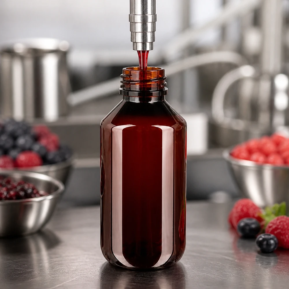Butelka PET o pojemności 200 ml z czerwonym zamknięciem typu OV jest napełniana ekstraktem z jagód