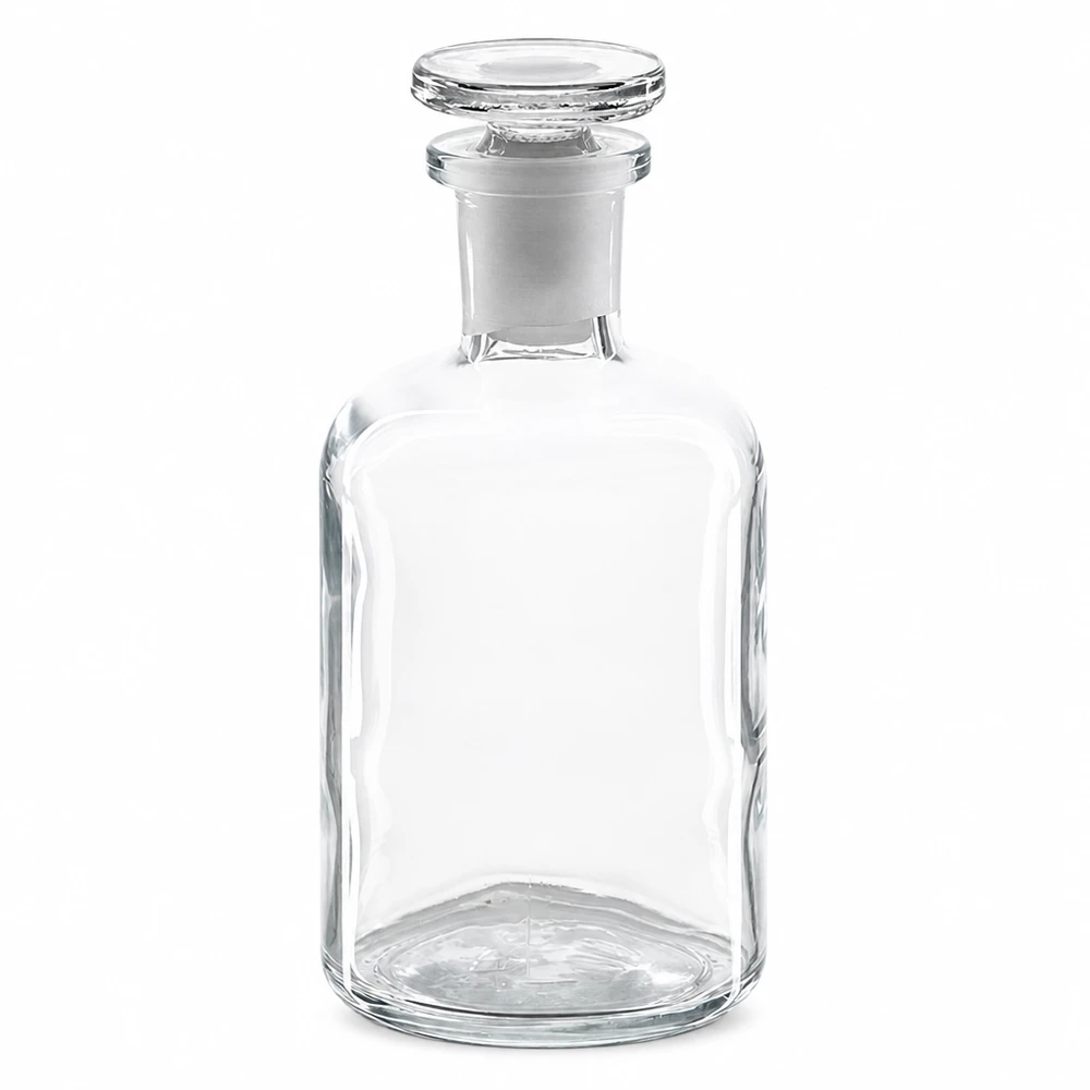 Okrągła butelka na ramię 100 ml, przezroczysta, szklana zatyczka z wąską szyjką Butelka o zaokrąglonych ramionach, 100 ml, przezroczysta, z szklanym korkiem, o wąskiej szyjce, przezroczyste szkło laboratoryjne
