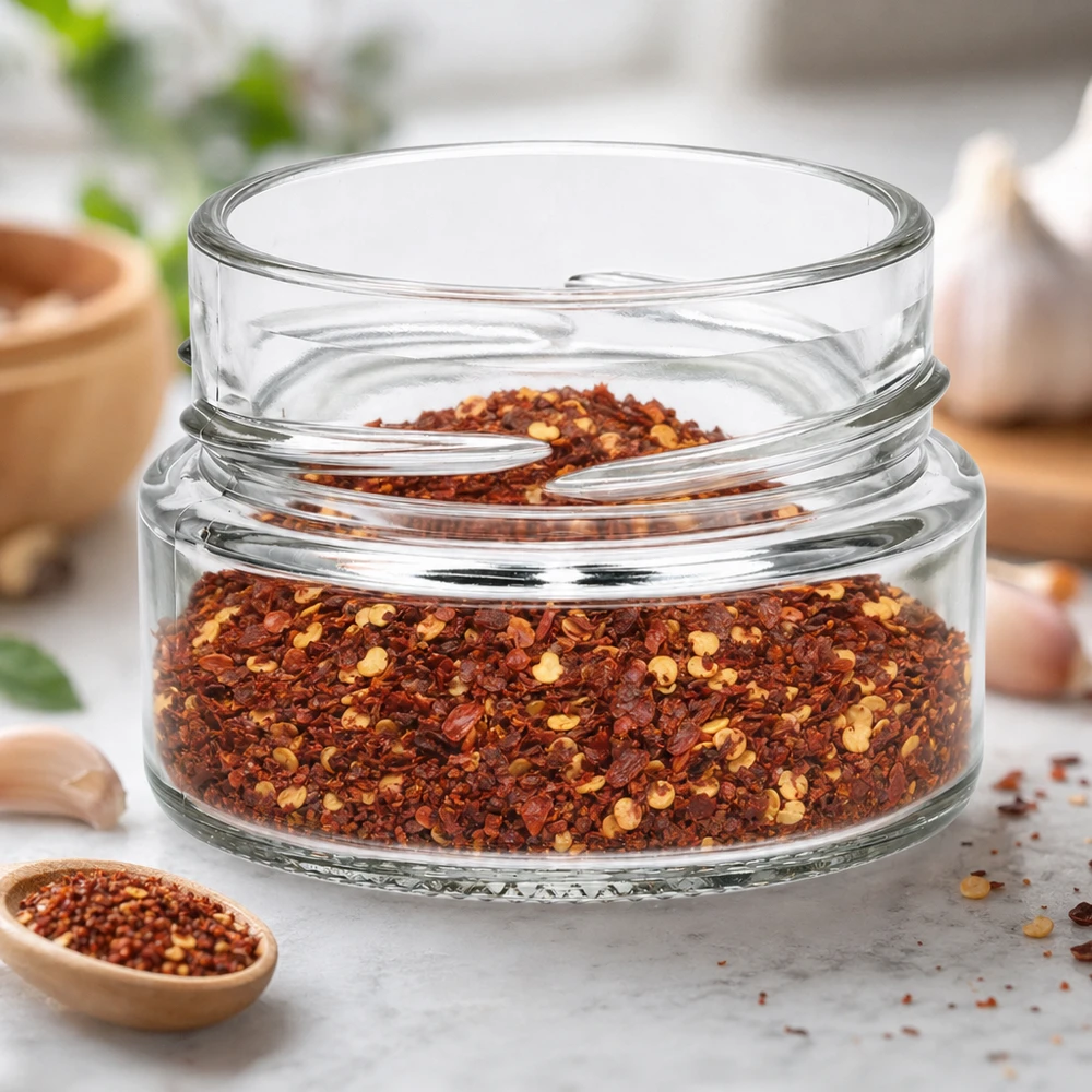 UNiTWIST Runda80 - Okrągły słoik o pojemności 80ml TO58deep UNiTWIST Runda80 okrągły słoik 80ml TO58deep wypełniony mieszanką przypraw chili na blacie kuchennym