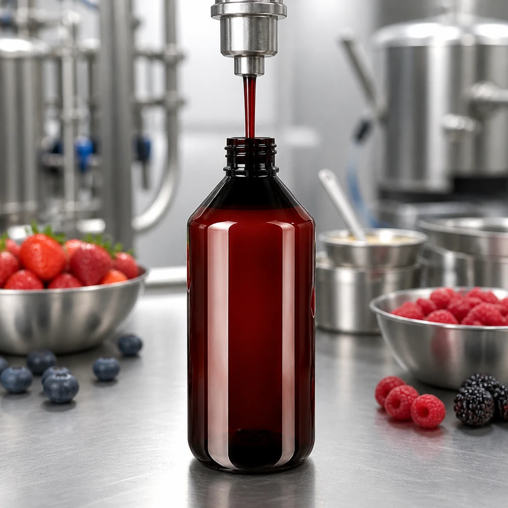 Czerwona butelka PET o pojemności 750 ml jest napełniana sokiem jagodowym w procesie zautomatyzowanym w ramach produkcji spożywczej