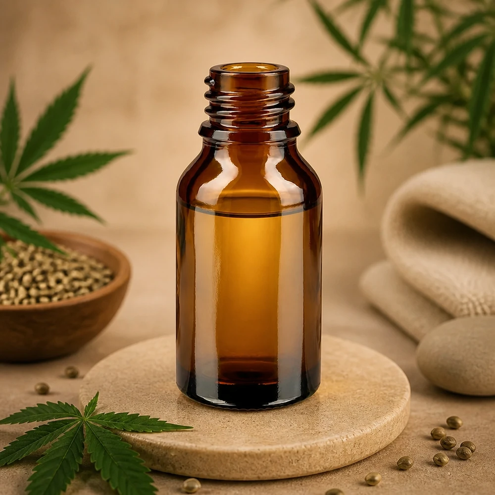 Butelka z zakraplaczem 30 ml DIN 18 bursztynowe szkło HIGH SHAPE 30 ml brązowa butelka apteczna ApoGlas o wysokim kształcie na drewnianej podstawce z naturalnymi olejkami z nasion konopi wellness