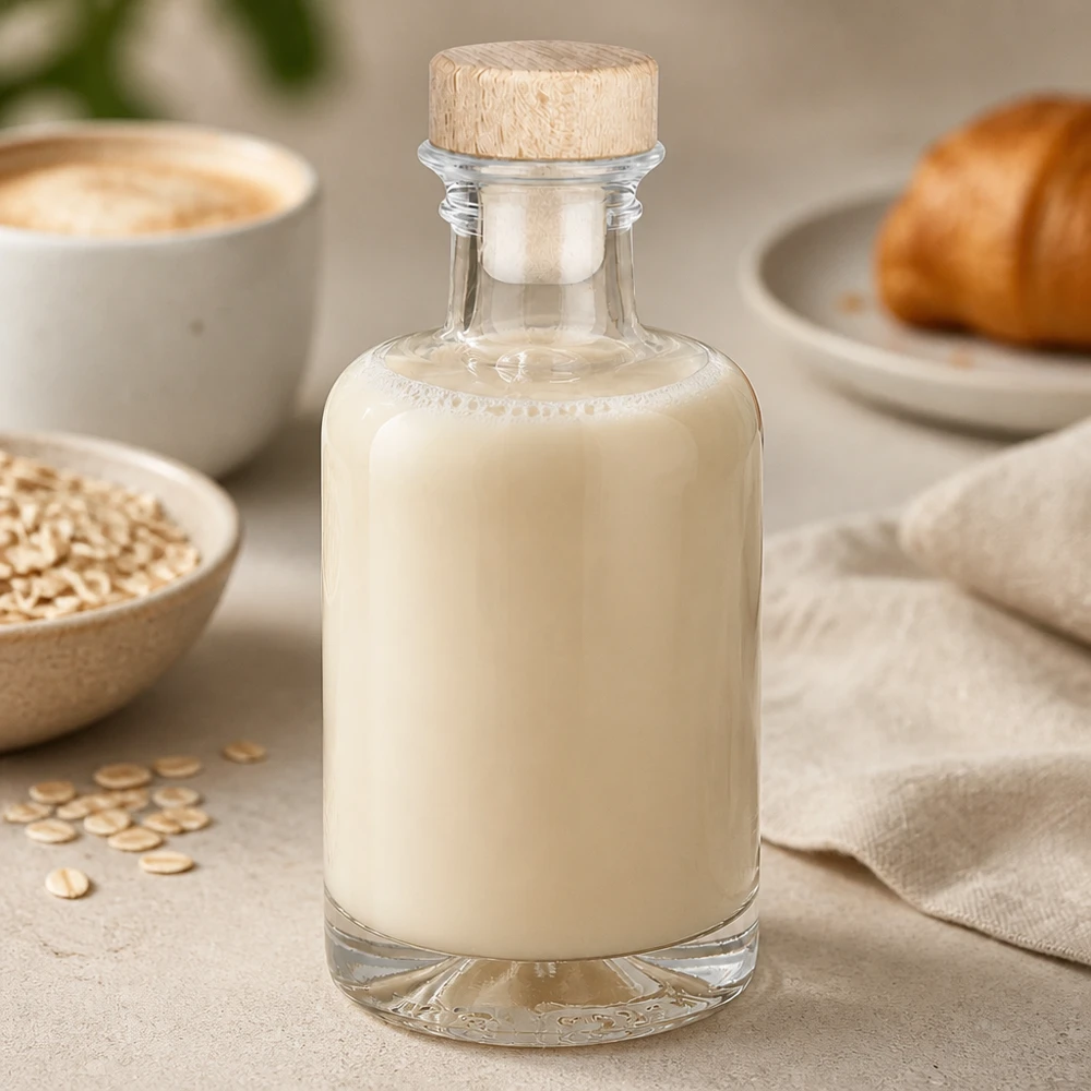 100ml Glasflasche Sofia mit Holzkorken gefüllt mit cremiger Hafermilch neben Haferflocken und Croissant Frühstücksszene