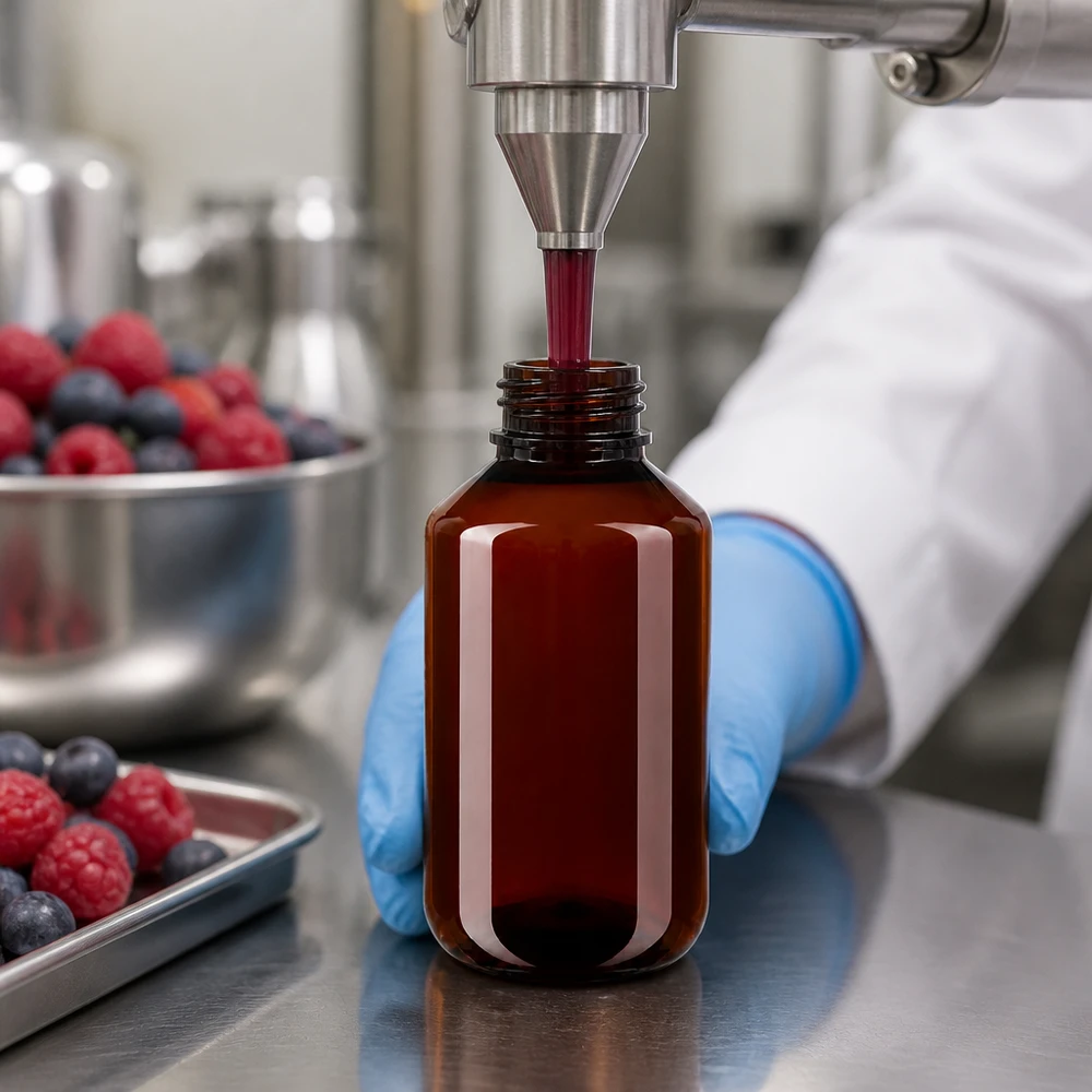 Butelka PET 100 ml z białym standardem OV Czerwony płyn z jagód jest rozlewany do bursztynowych butelek PET o pojemności 100 ml z nakrętką OV