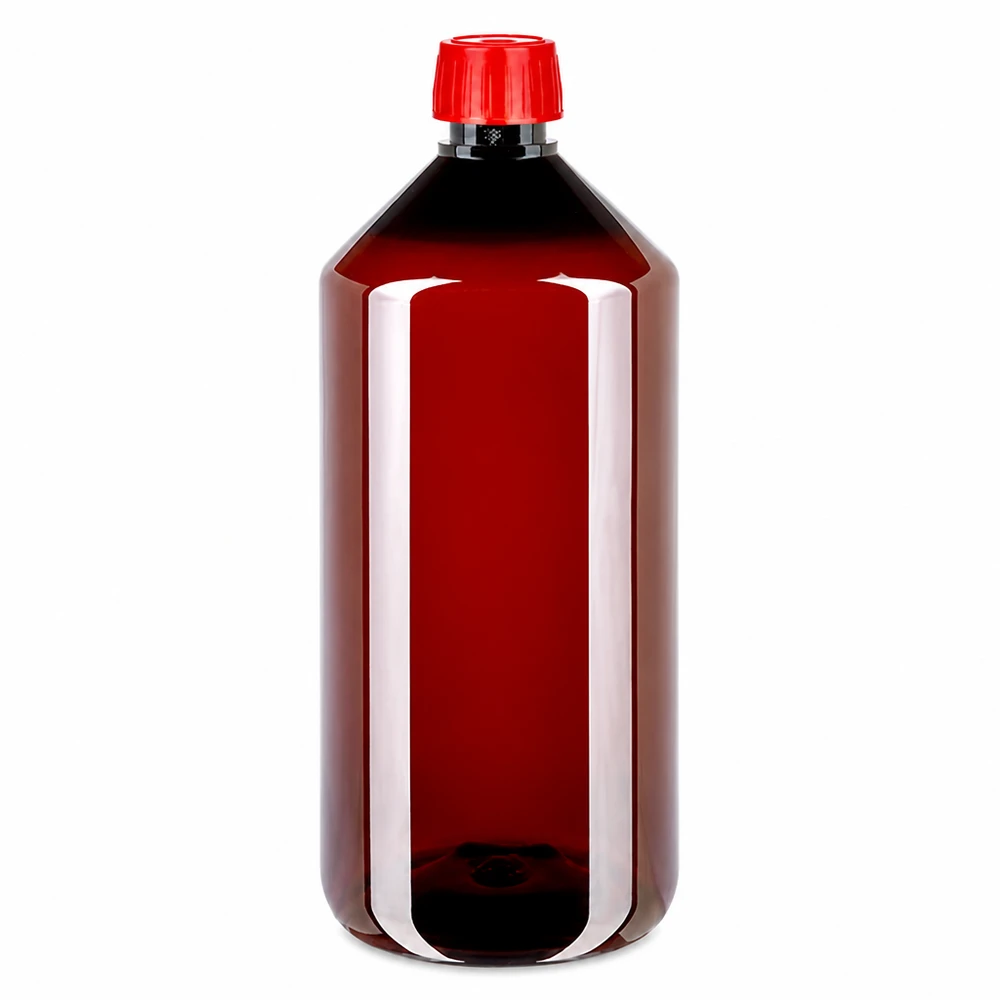 Butelka PET 1000ml z nakrętką odgazowującą czerwona Brązowa butelka PET o pojemności 1000 ml z czerwonym zamknięciem odgazowującym, przeznaczona do bezpiecznego przechowywania płynów