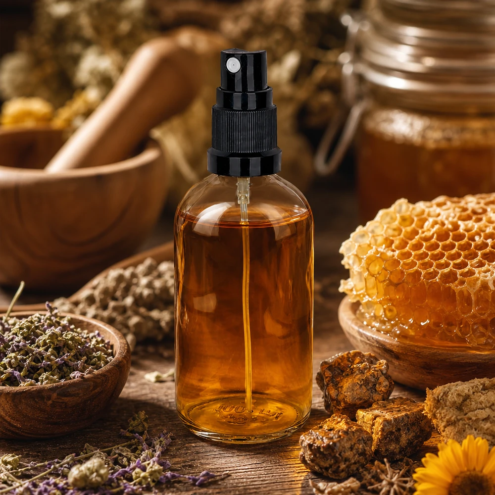 100 ml butelka ze spryskiwaczem czarna/przezroczysta STD ClearLine UT18/100 Spray z propolisem, przezroczysta szklana butelka o pojemności 100 ml z czarnym dozownikiem, obok plastrów miodu i miodu