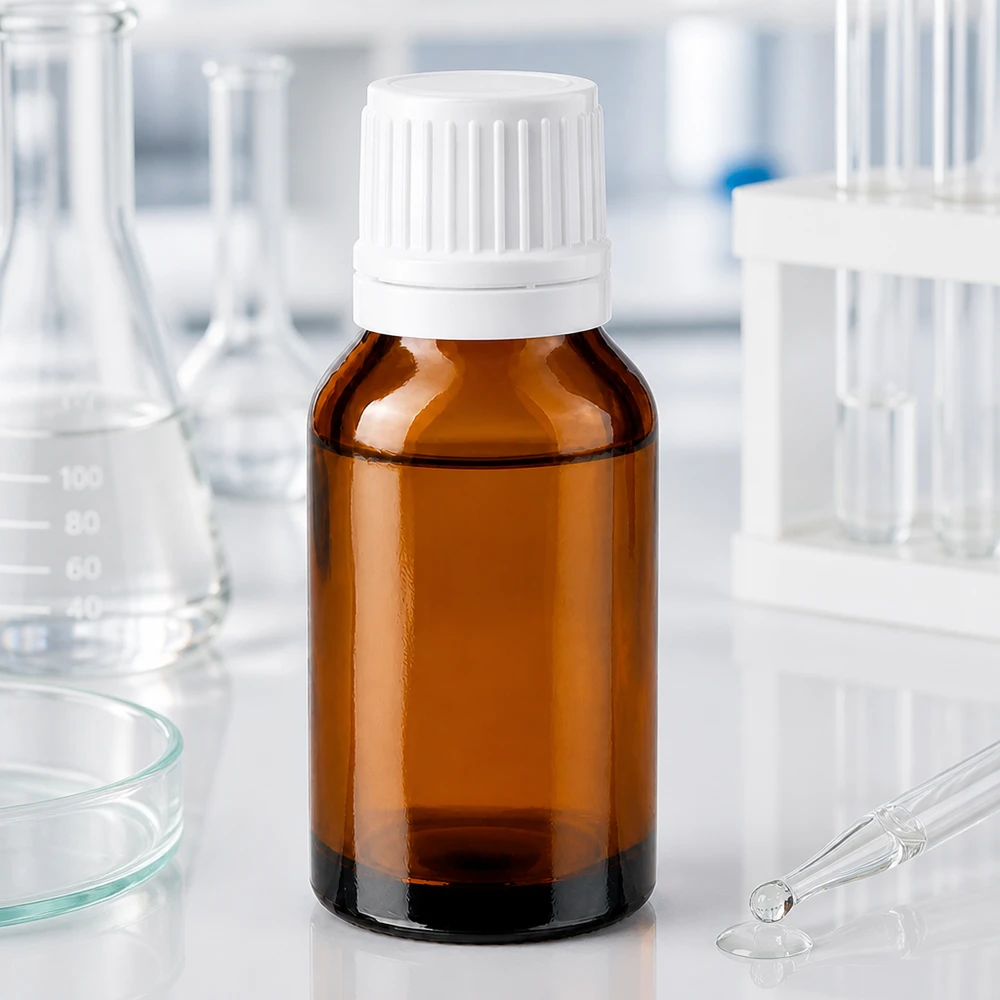 Butelka apteczna brązowa 30ml zakrętka biała OV Butelka apteczna o pojemności 30 ml, wykonana z brązowego szkła, z białym zakraplaczem, stosowana w warunkach laboratoryjnych