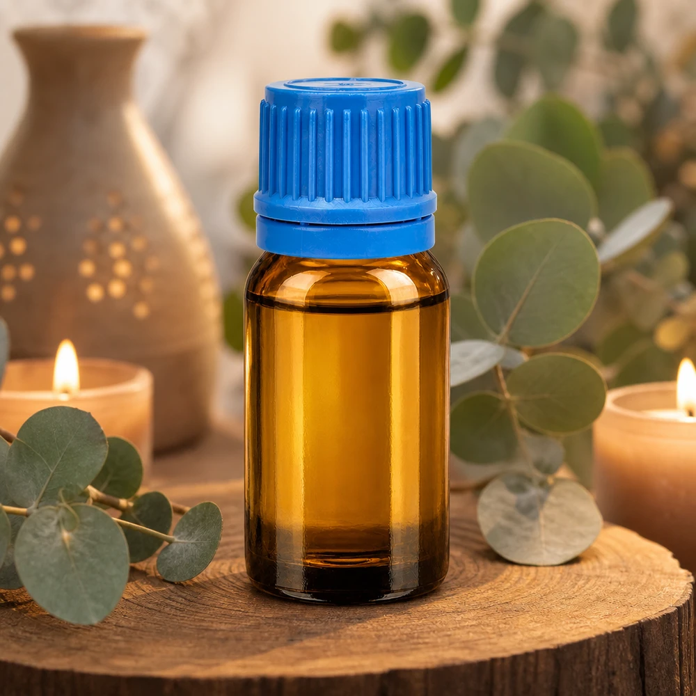 Mała szklana buteleczka o pojemności 10 ml w kolorze brązowym z niebieską zakrętką, idealna do aromaterapii i kosmetyków naturalnych.