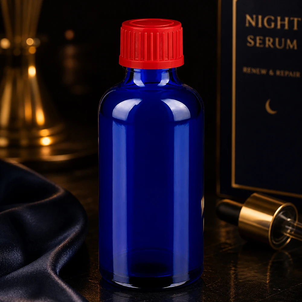 Butelka 50 ml 11 mm SV czerwony STD BlueLine UT18/50 Kompaktowa szklana butelka BlueLine UT18/50 o pojemności 50 ml z praktyczną zakrętką 11 mm w kolorze czerwonym sygnałowym