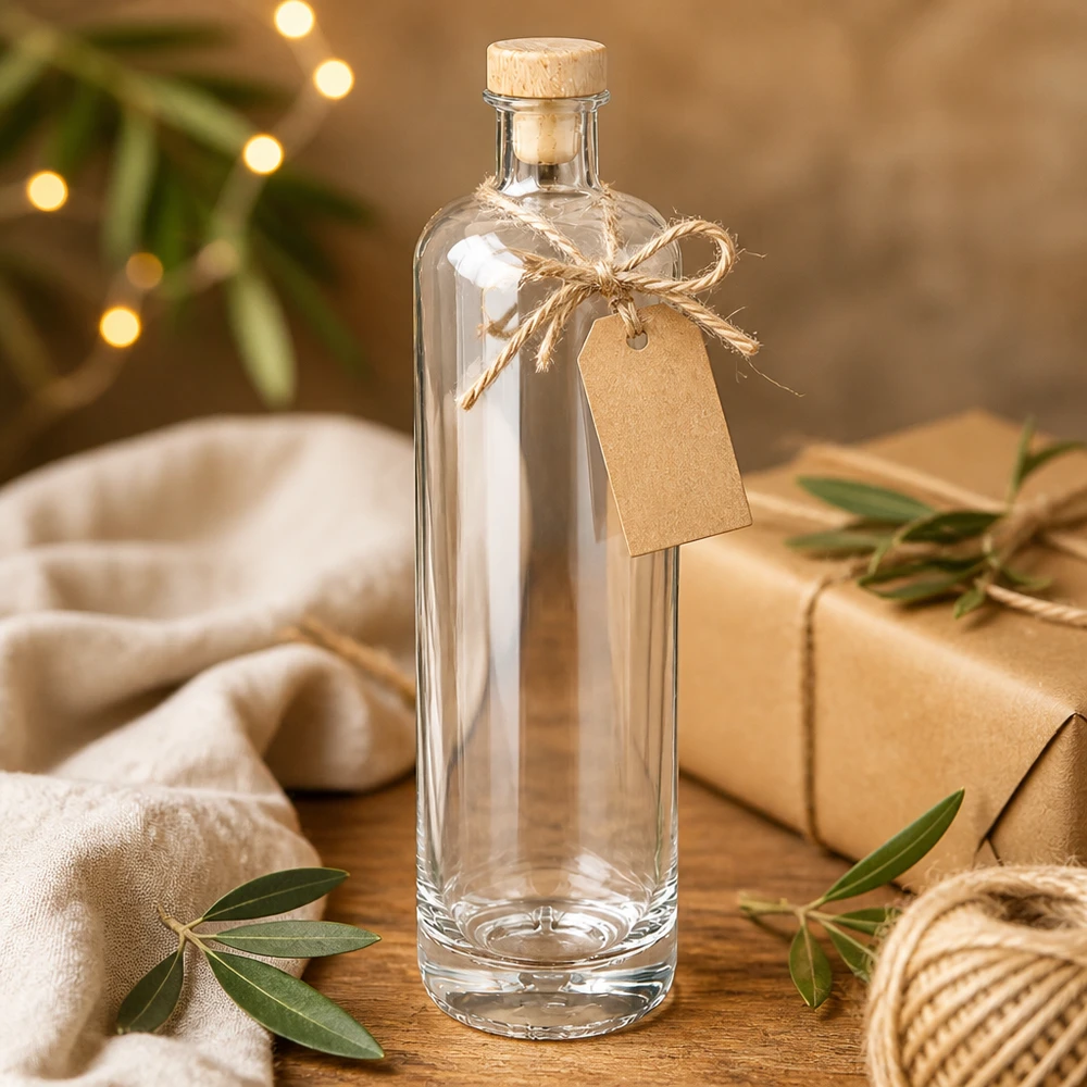 700 ml szklana butelka Ella pusta z drewnianym korkiem i przywieszką prezentową w świątecznej dekoracji z lampkami.